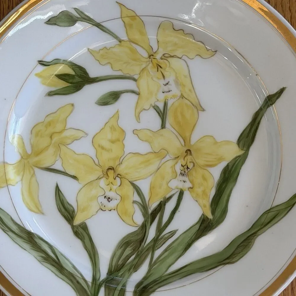 Set Of 4 Vintage Hand Painted ORCHID Plates Gold Border Porcelain 8 1/4”